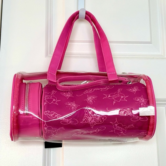 ED HARDY Transparent & Pink Skull PVC Barrel Shoulder Handbag - Picture 5 of 7